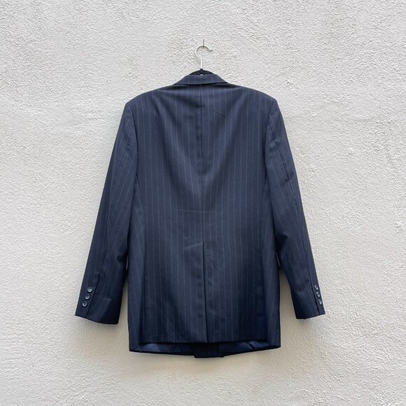 Vintage 80s Men's Double Breasted Navy Pinstriped Wool Blend Jacket Blazer 42L - Picture 6 of 7